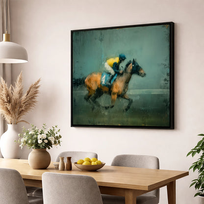 Out of the Shadows racing horse wall art displayed in a dining room