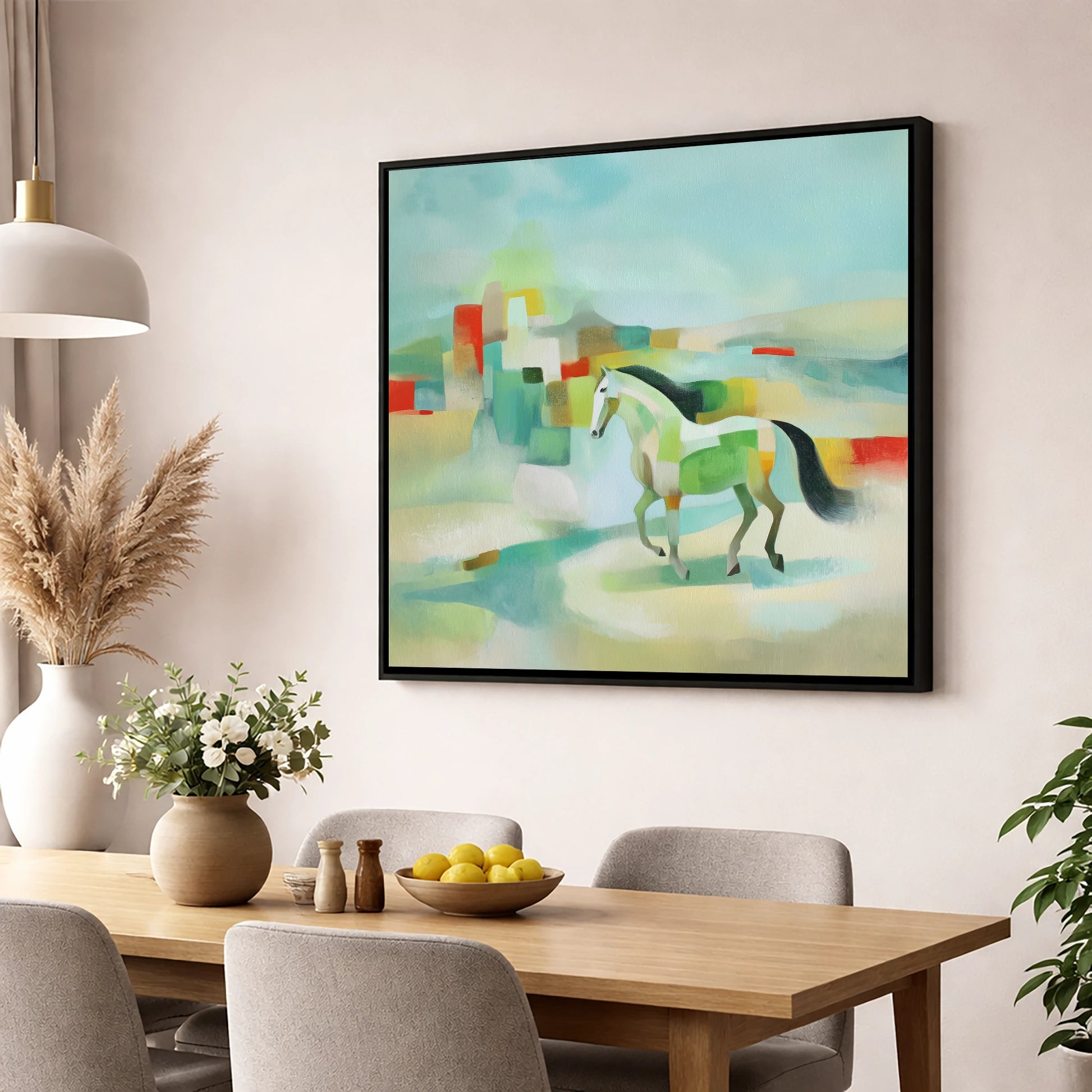 Structured Stride horse landscape wall art displayed in a dining room