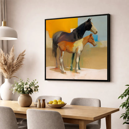 Sunlit Painted Foal mare & foal wall art displayed in a dining room