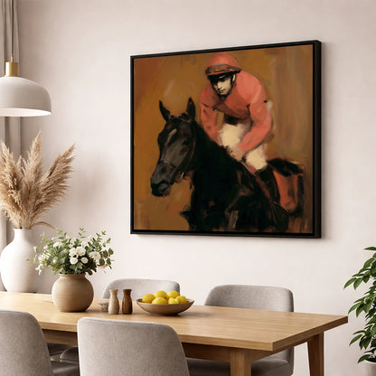 Quiet Anticipation racing horse wall art displayed in a dining room
