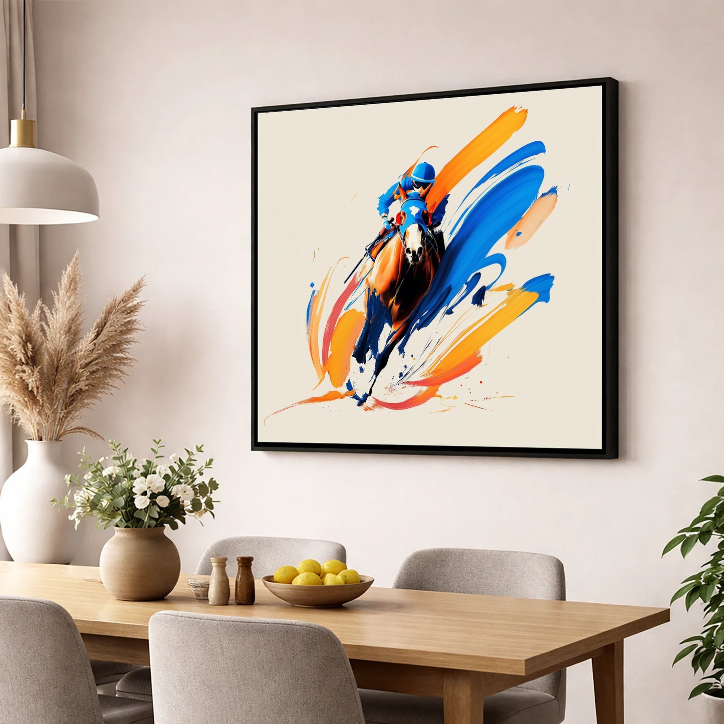 Blue Silks Surging racing horse wall art displayed in a dining room