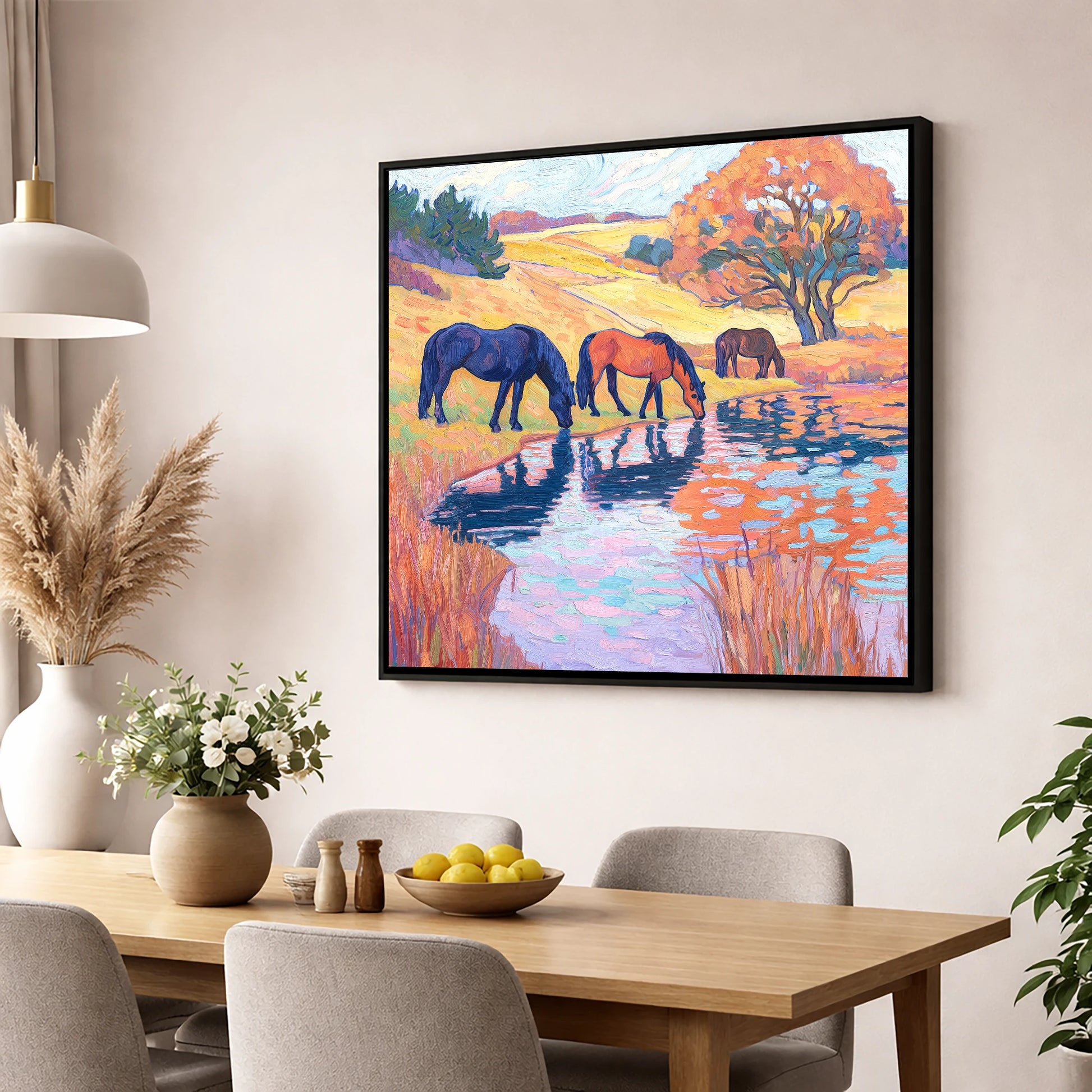 Painted Pasture Reflections horse landscape wall art displayed in a dining room
