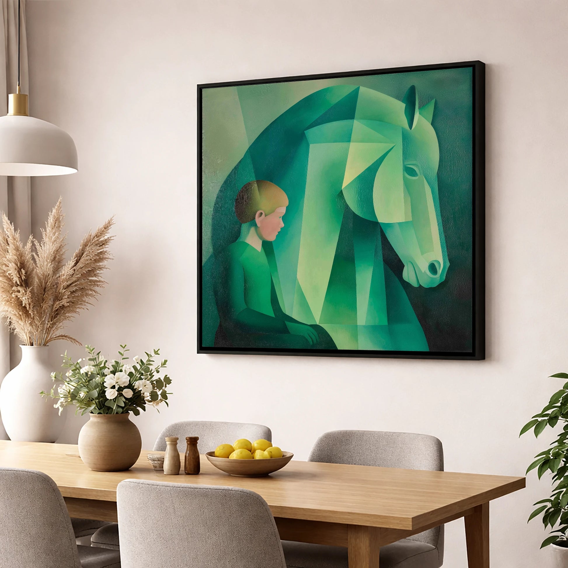 Emerald Equine Connection horse & rider wall art displayed in a dining room