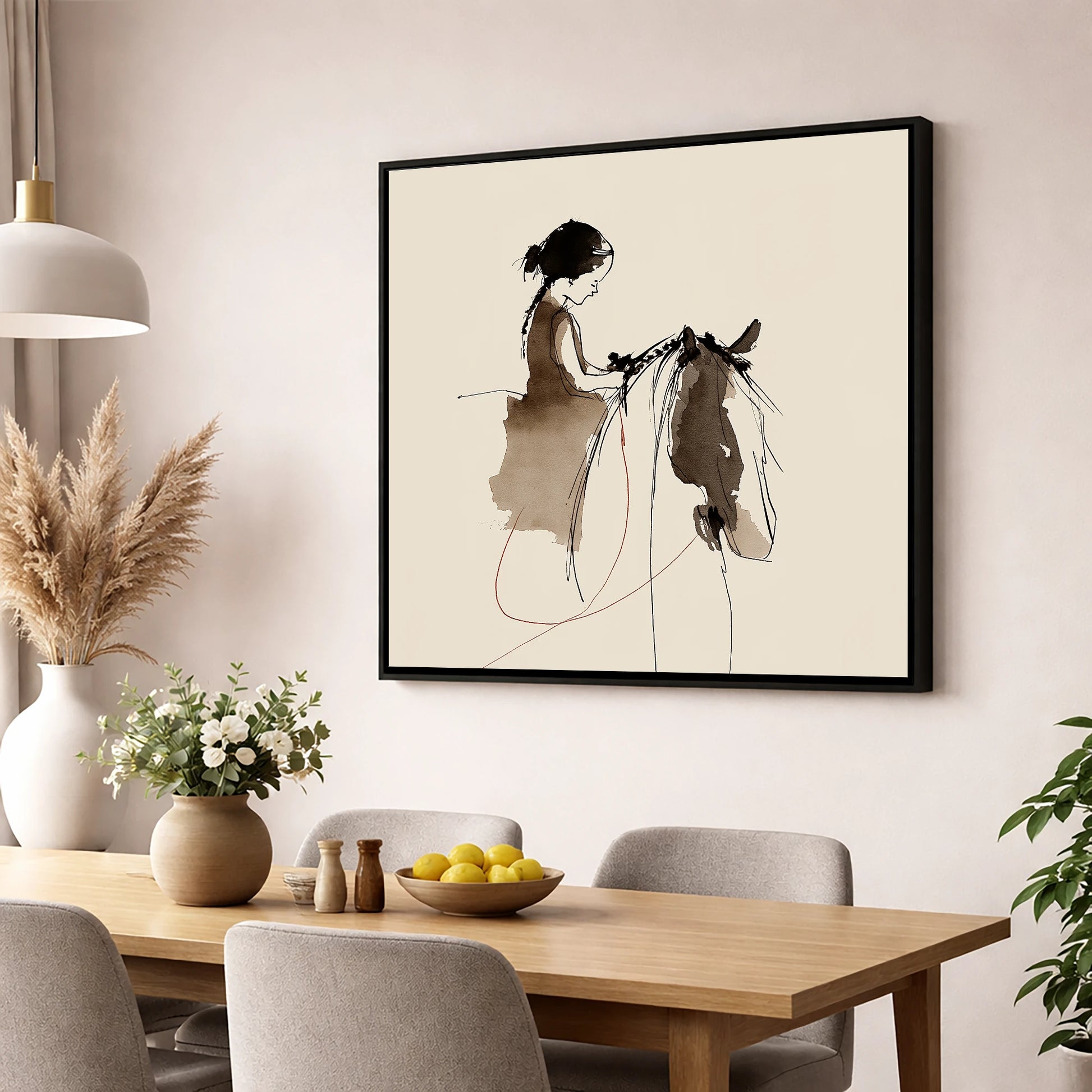 Silent Understanding horse & rider wall art displayed in a dining room