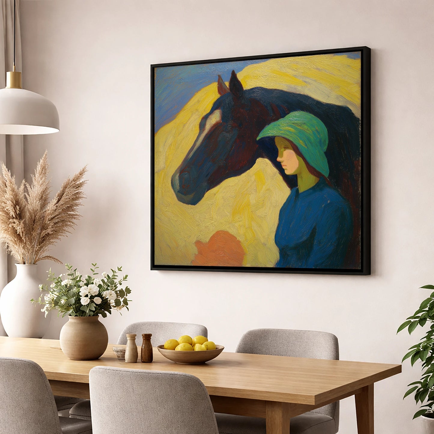 The Quiet Bond horse & rider wall art displayed in a dining room