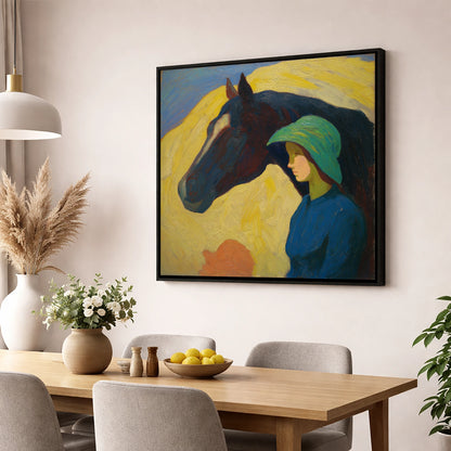 The Quiet Bond horse & rider wall art displayed in a dining room