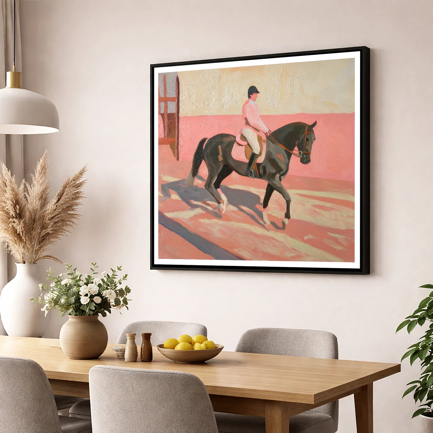 Dusty Pink Shadows dressage horse wall art displayed in a dining room