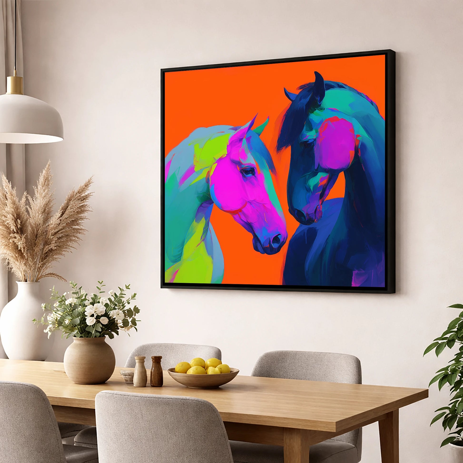 Chromatic Encounter horse portrait wall art displayed in a dining room