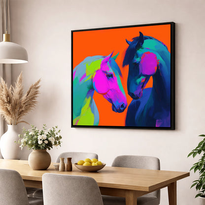 Chromatic Encounter horse portrait wall art displayed in a dining room