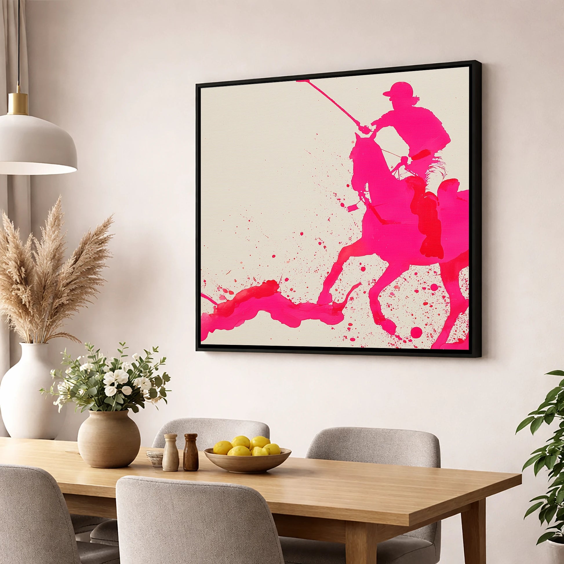 Vibrant Polo Strike polo horse wall art displayed in a dining room