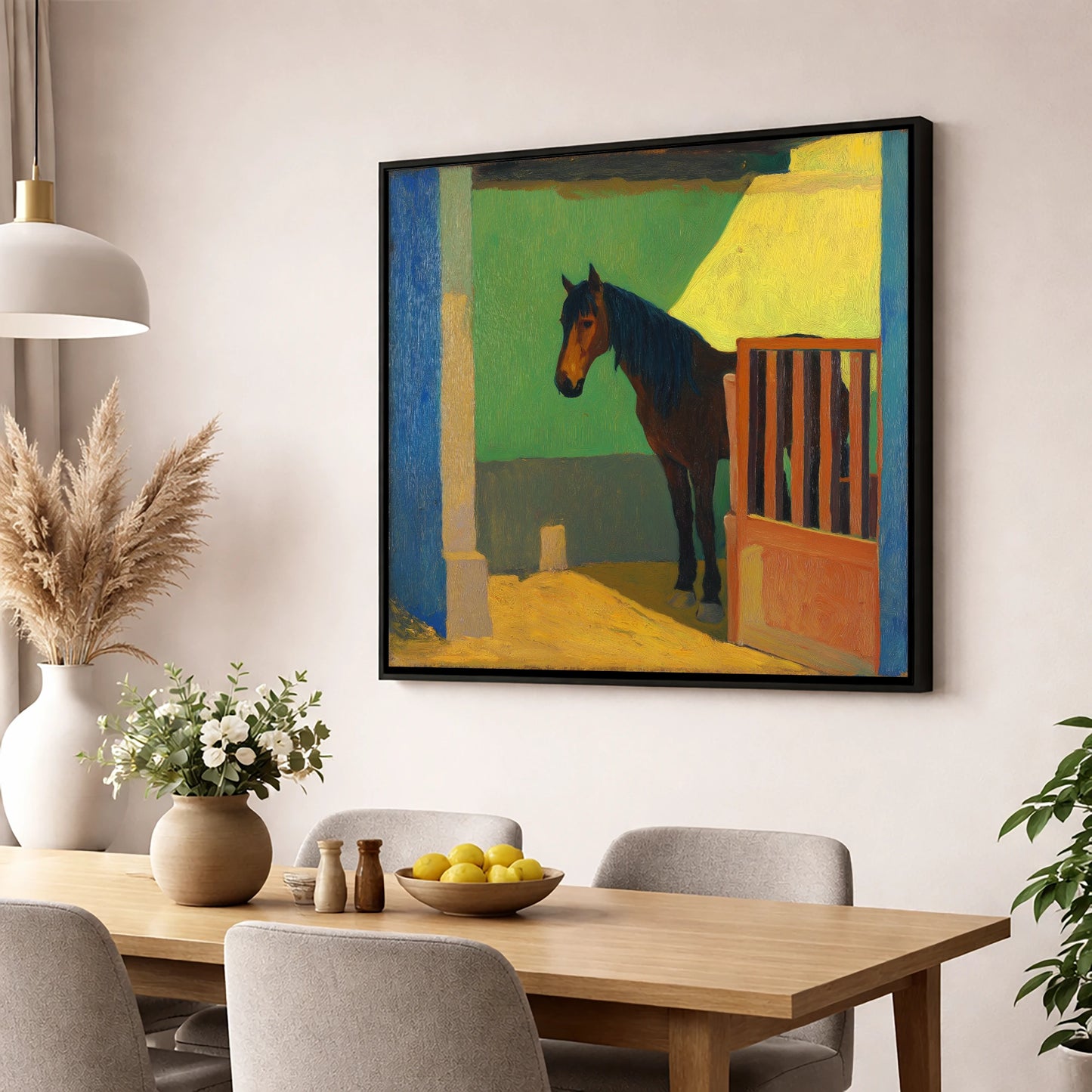 Vibrant Stable Light horse stable wall art displayed in a dining room