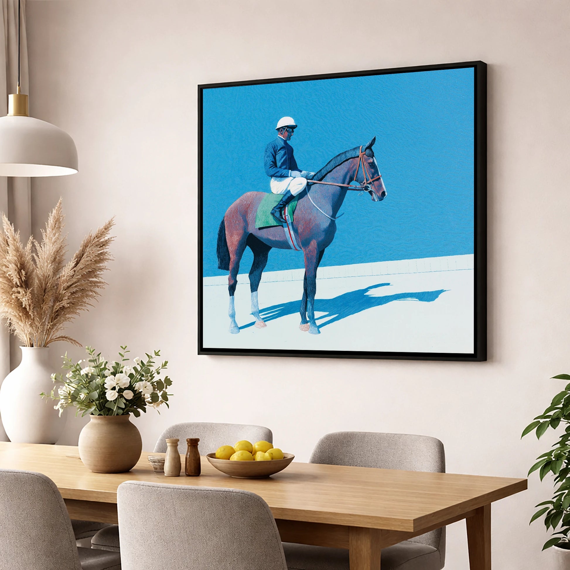 Before the Off racing horse wall art displayed in a dining room