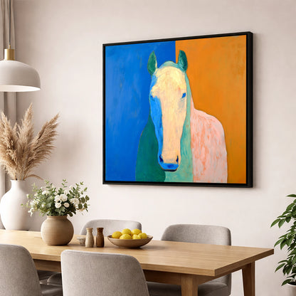Cobalt And Clay Equine horse portrait wall art displayed in a dining room