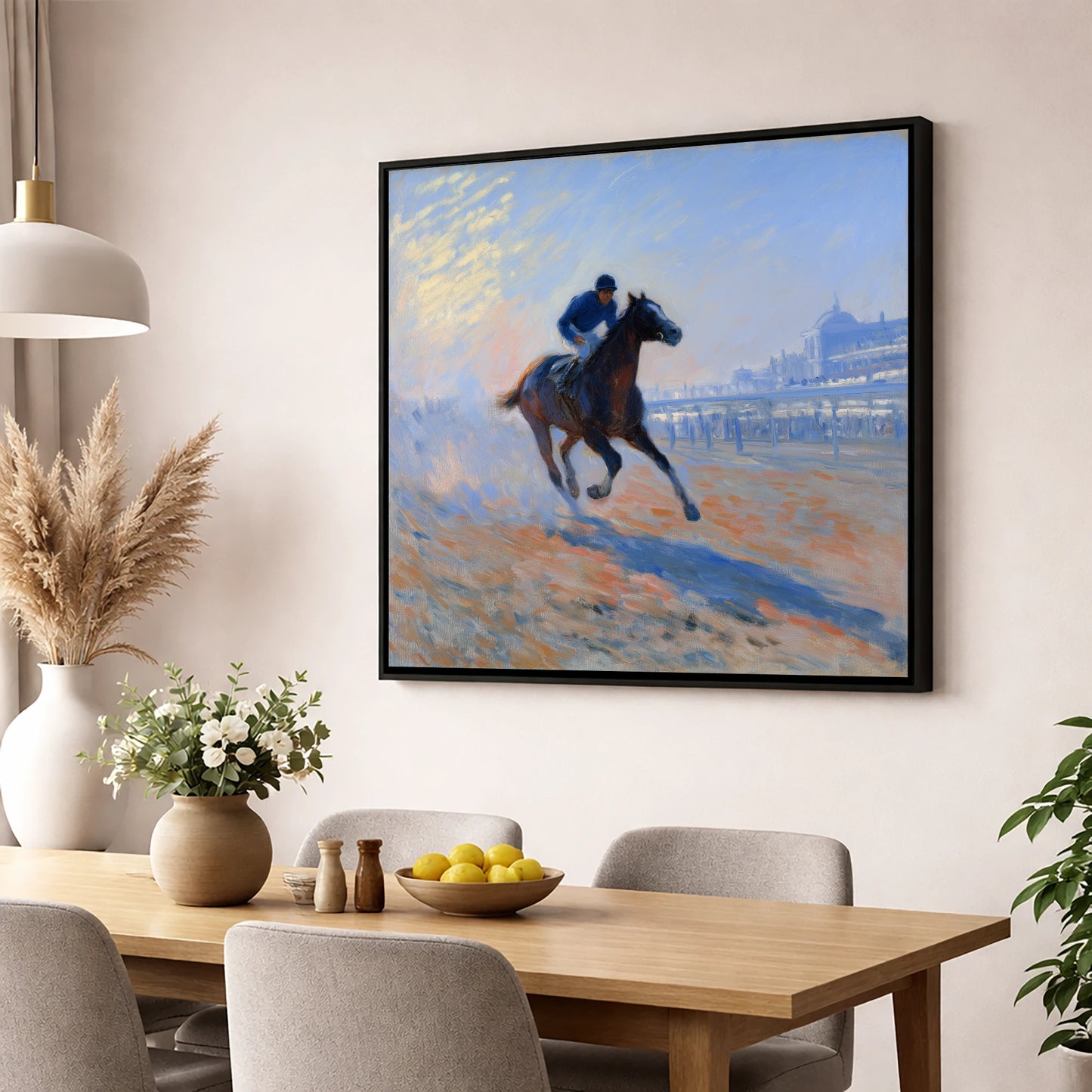 Luminous Morning Gallop racing horse wall art displayed in a dining room