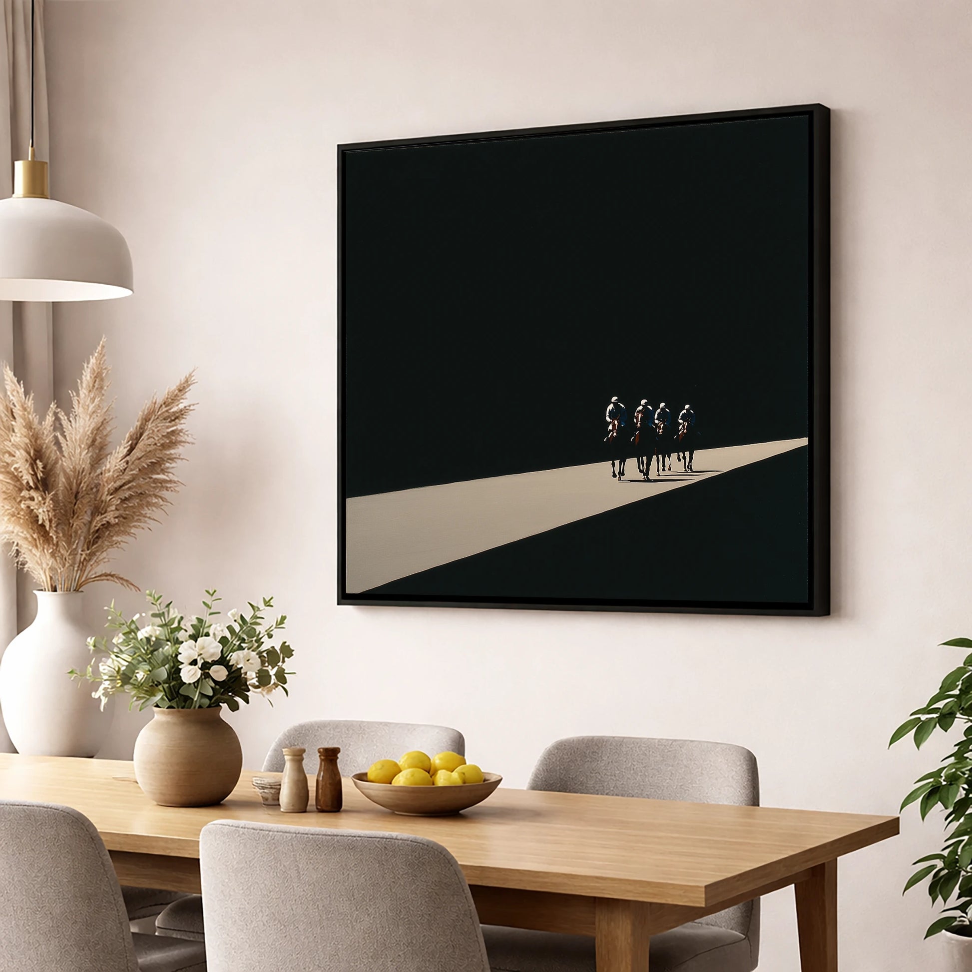 Out of the Shadows racing horse wall art displayed in a dining room