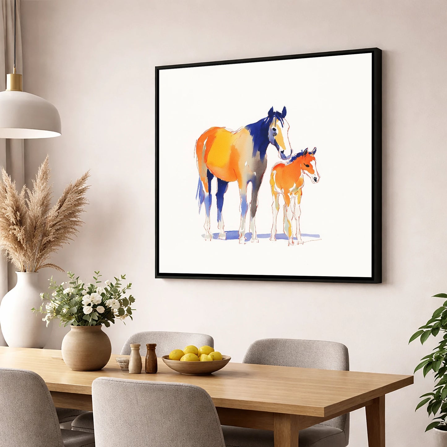 Sunlit Bond mare & foal wall art displayed in a dining room