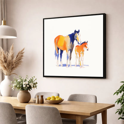 Sunlit Bond mare & foal wall art displayed in a dining room