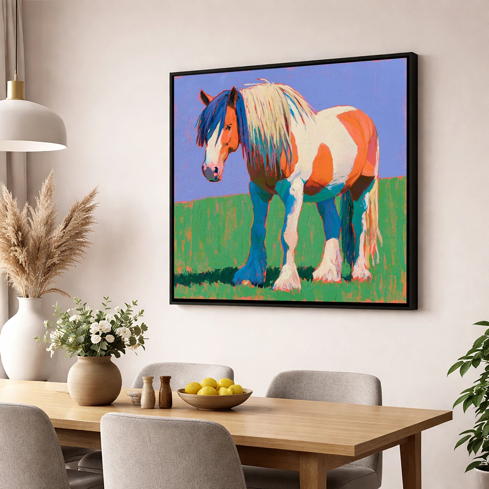 Vibrant Skewbald Gypsy Cob horse breed wall art displayed in a dining room