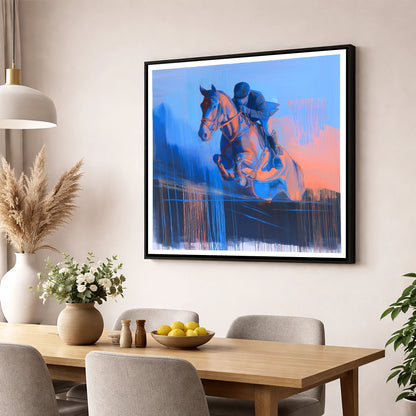 Suspended in Cobalt show jumping horse wall art displayed in a dining room