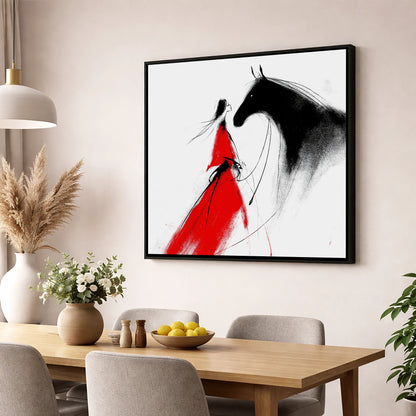 Scarlet and Shadow horse & rider wall art displayed in a dining room