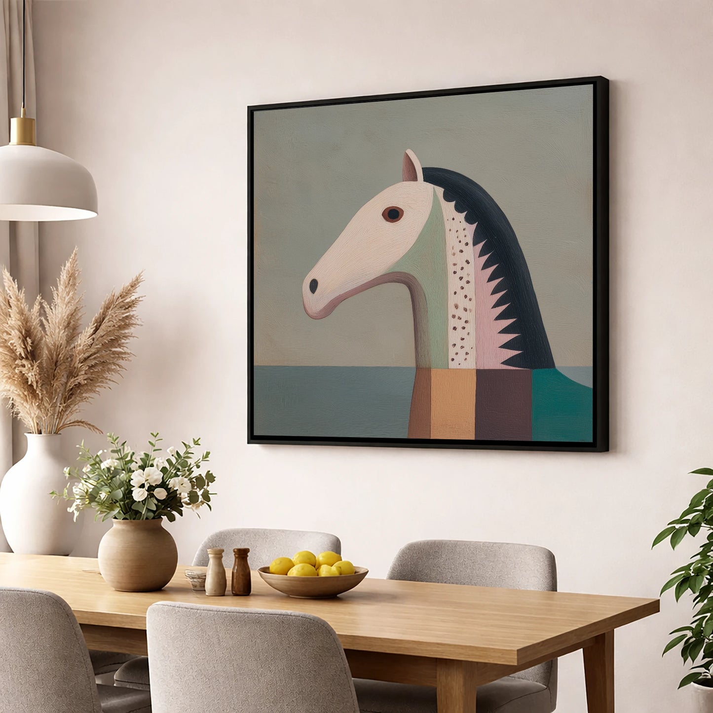 Stylised Equine Profile horse breed wall art displayed in a dining room