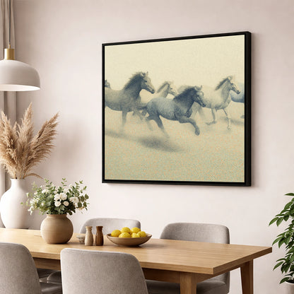 Rhythms of the Herd wild horses wall art displayed in a dining room