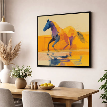 Golden Coastal Stride beach horse wall art displayed in a dining room