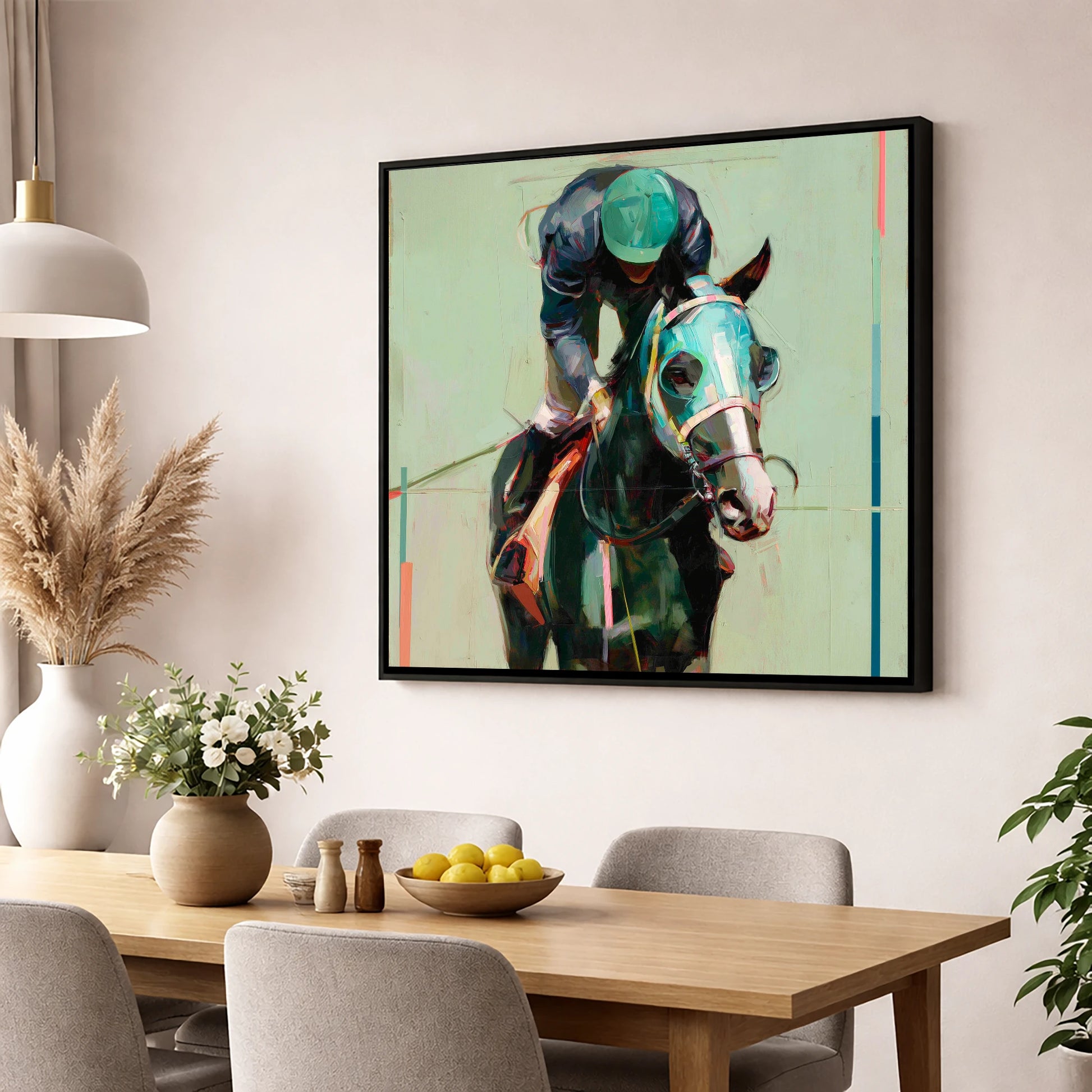Blinkered Focus racing horse wall art displayed in a dining room