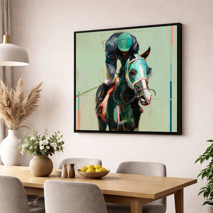 Blinkered Focus racing horse wall art displayed in a dining room