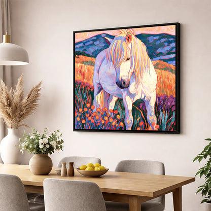 White Horse Among Orange Wildflowers horse breed wall art displayed in a dining room