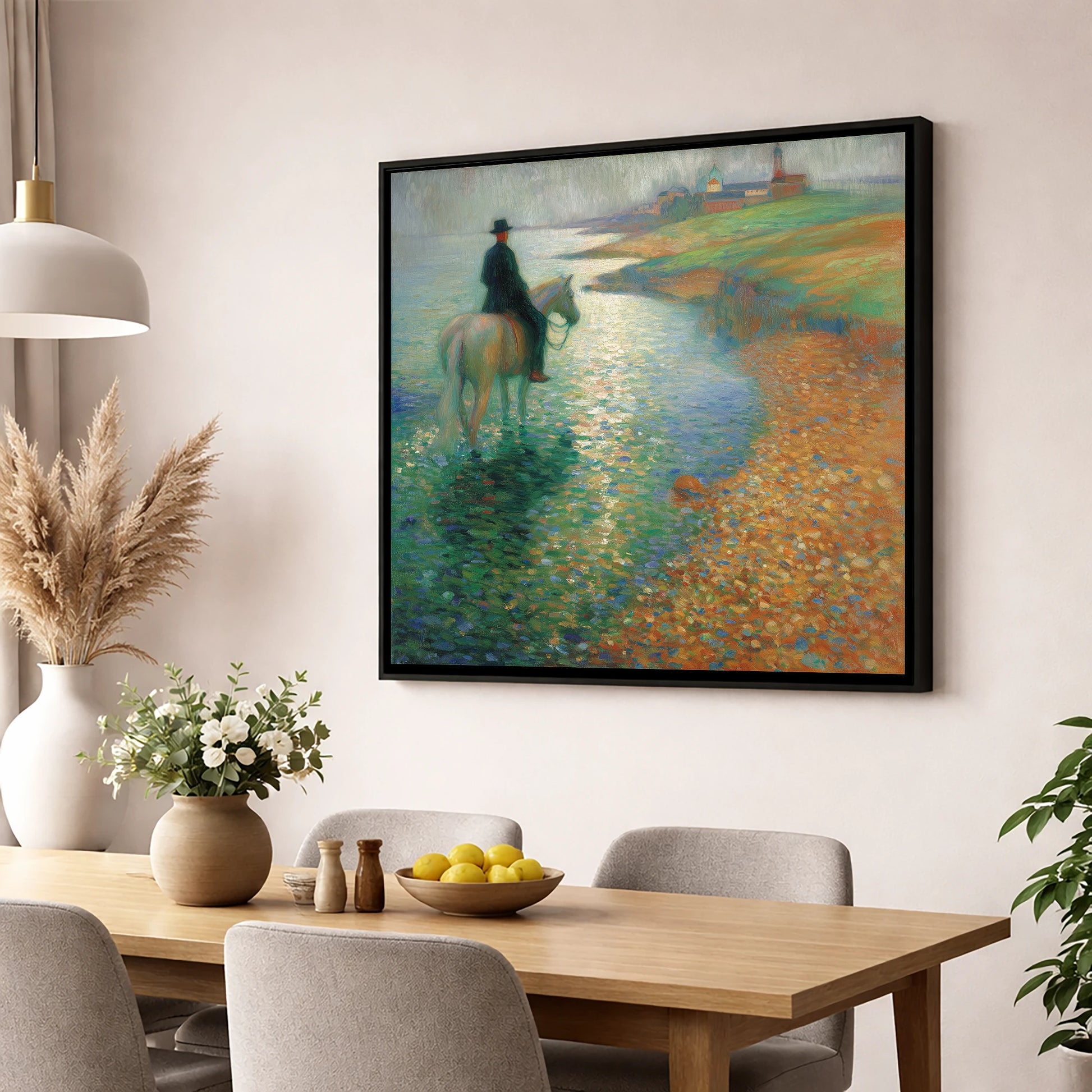 The Shimmering Shore beach horse wall art displayed in a dining room