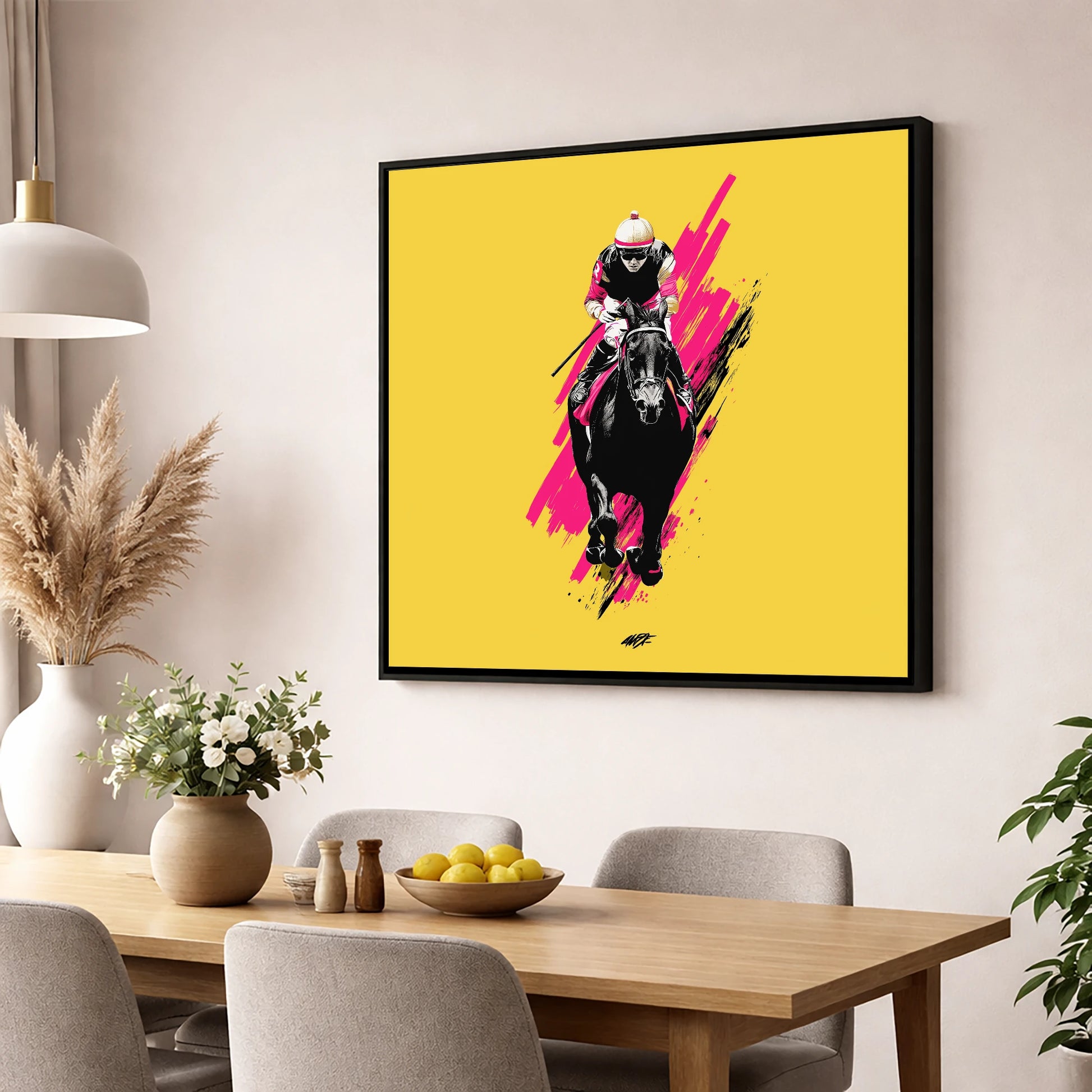 The Front Runner racing horse wall art displayed in a dining room