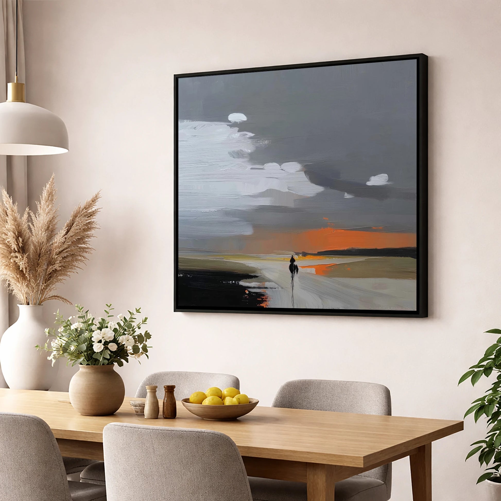 Into the Amber Dusk horse landscape wall art displayed in a dining room