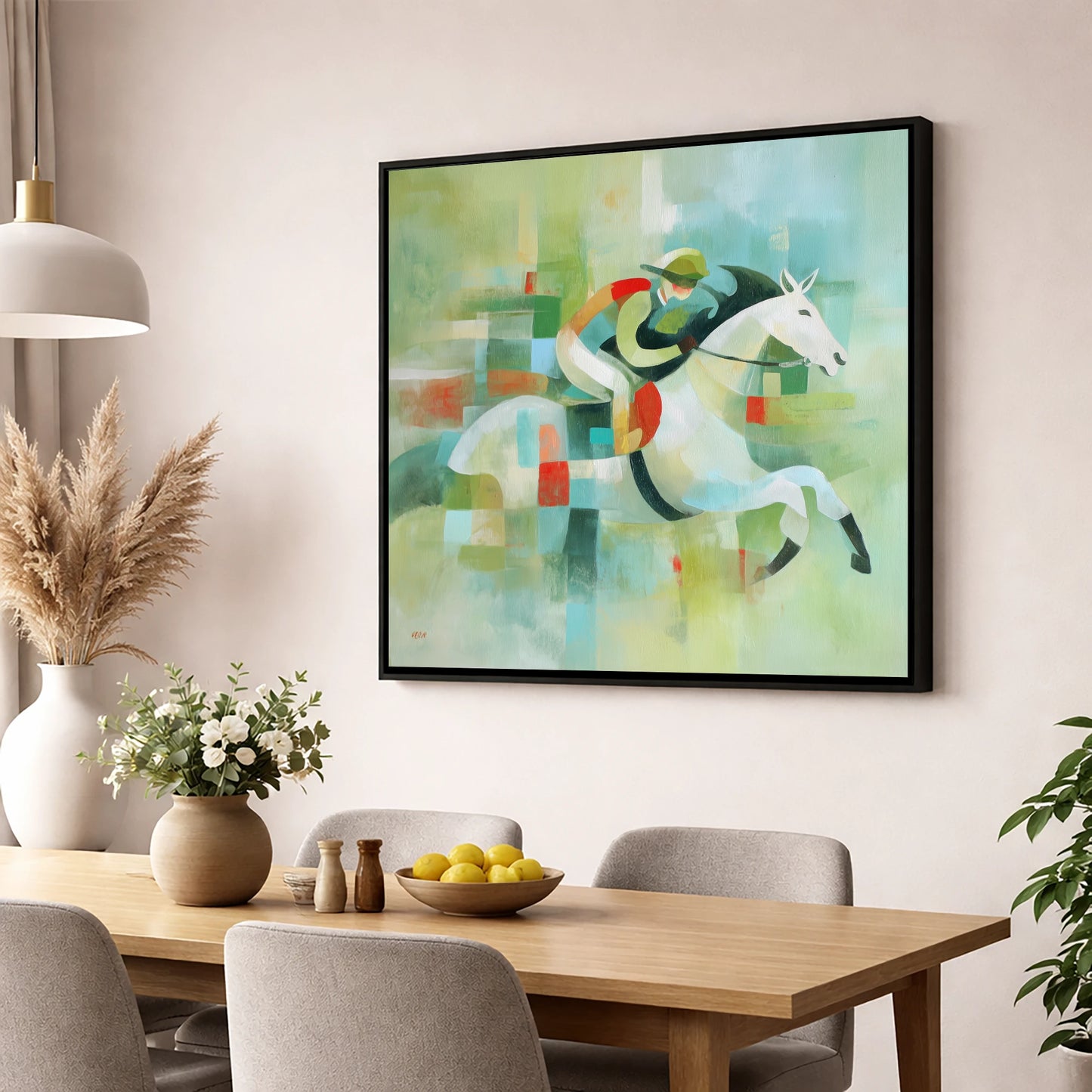 Modern Turf Mosaic racing horse wall art displayed in a dining room
