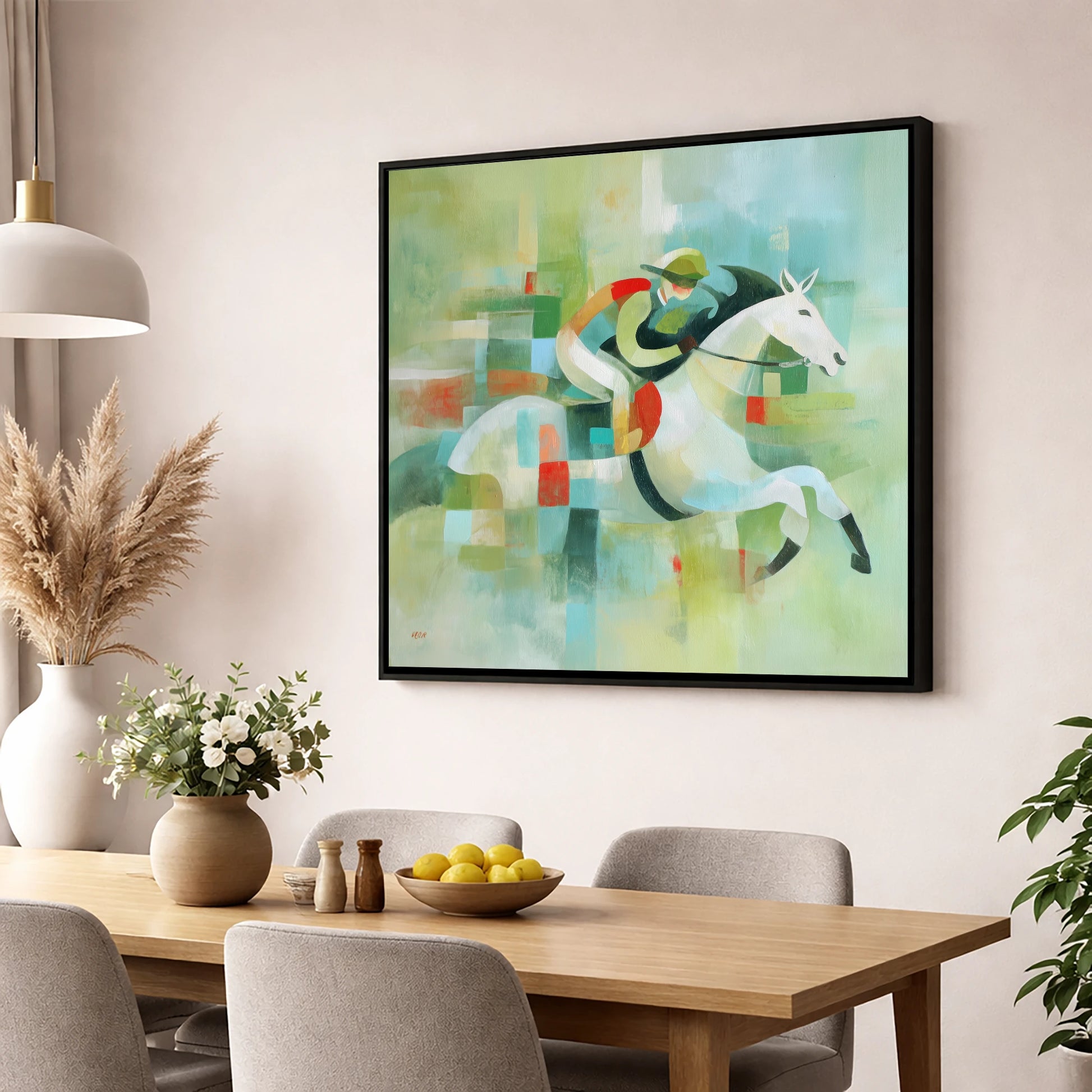 Modern Turf Mosaic racing horse wall art displayed in a dining room