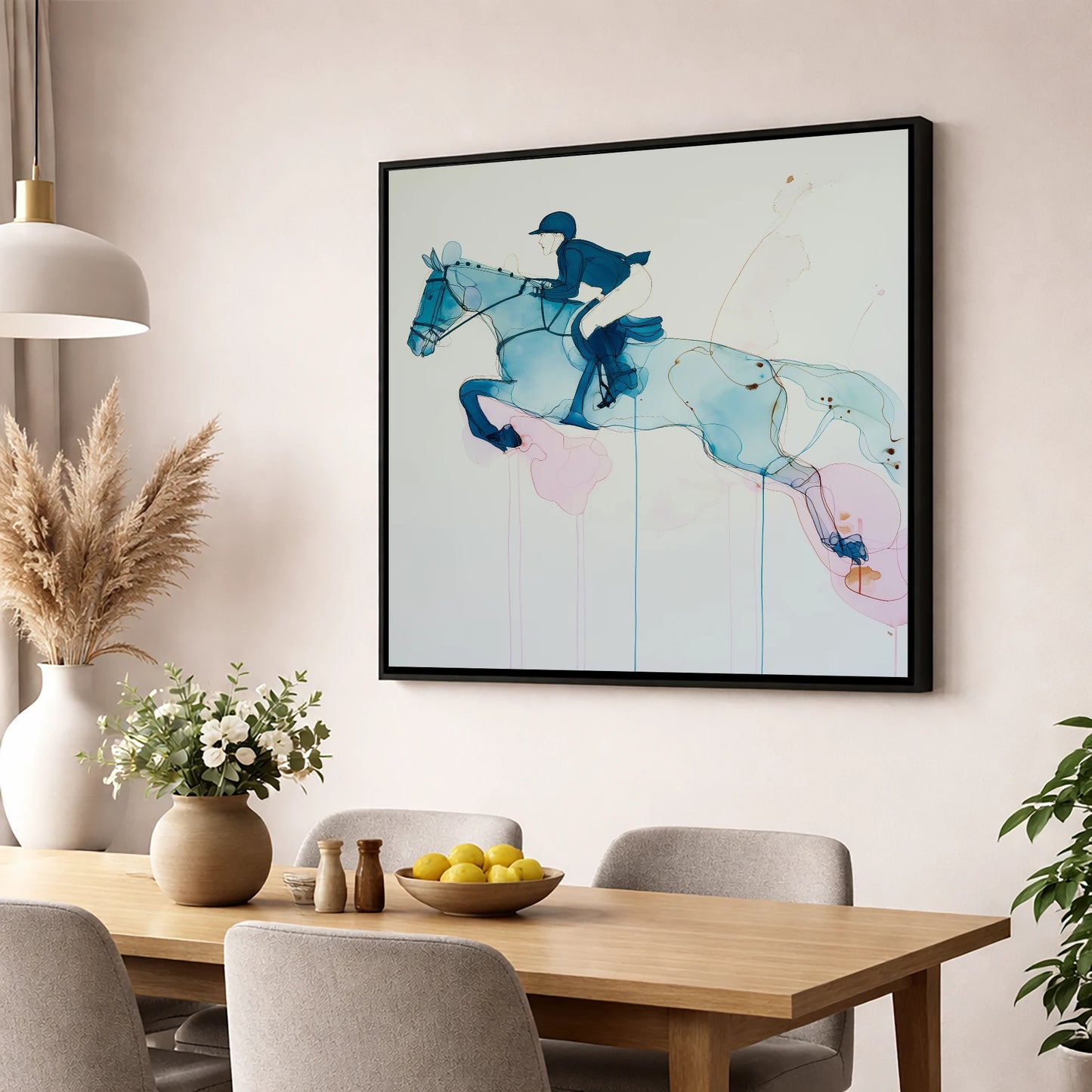 Azure Flight show jumping horse wall art displayed in a dining room