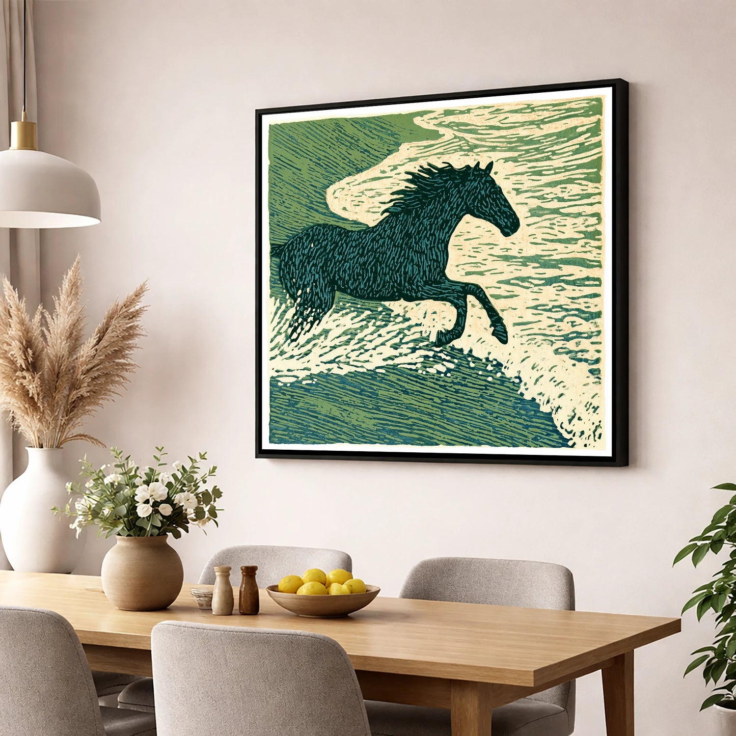 Wild Sea Canter beach horse wall art displayed in a dining room