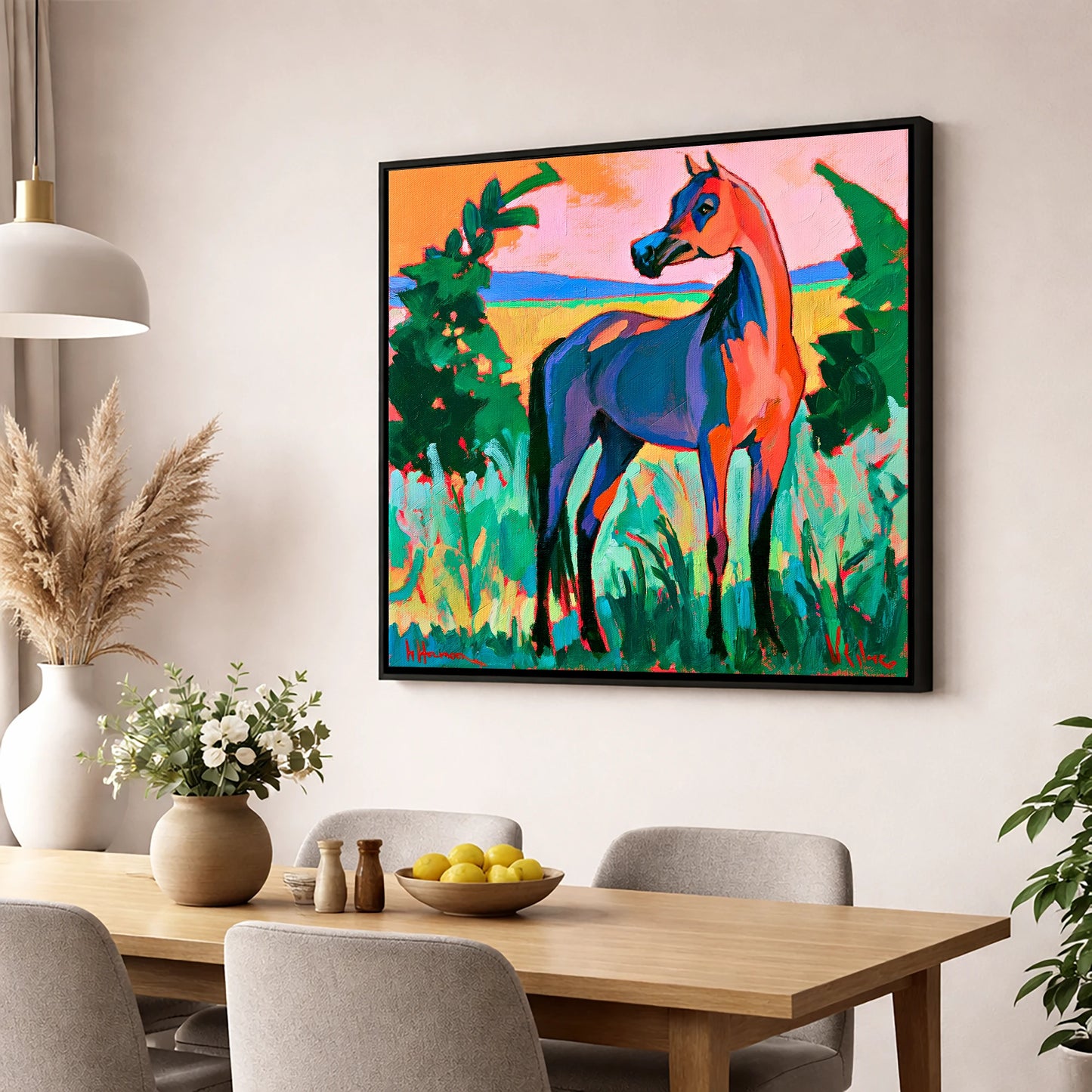 Vibrant Expressionist Arabian Horse horse breed wall art displayed in a dining room