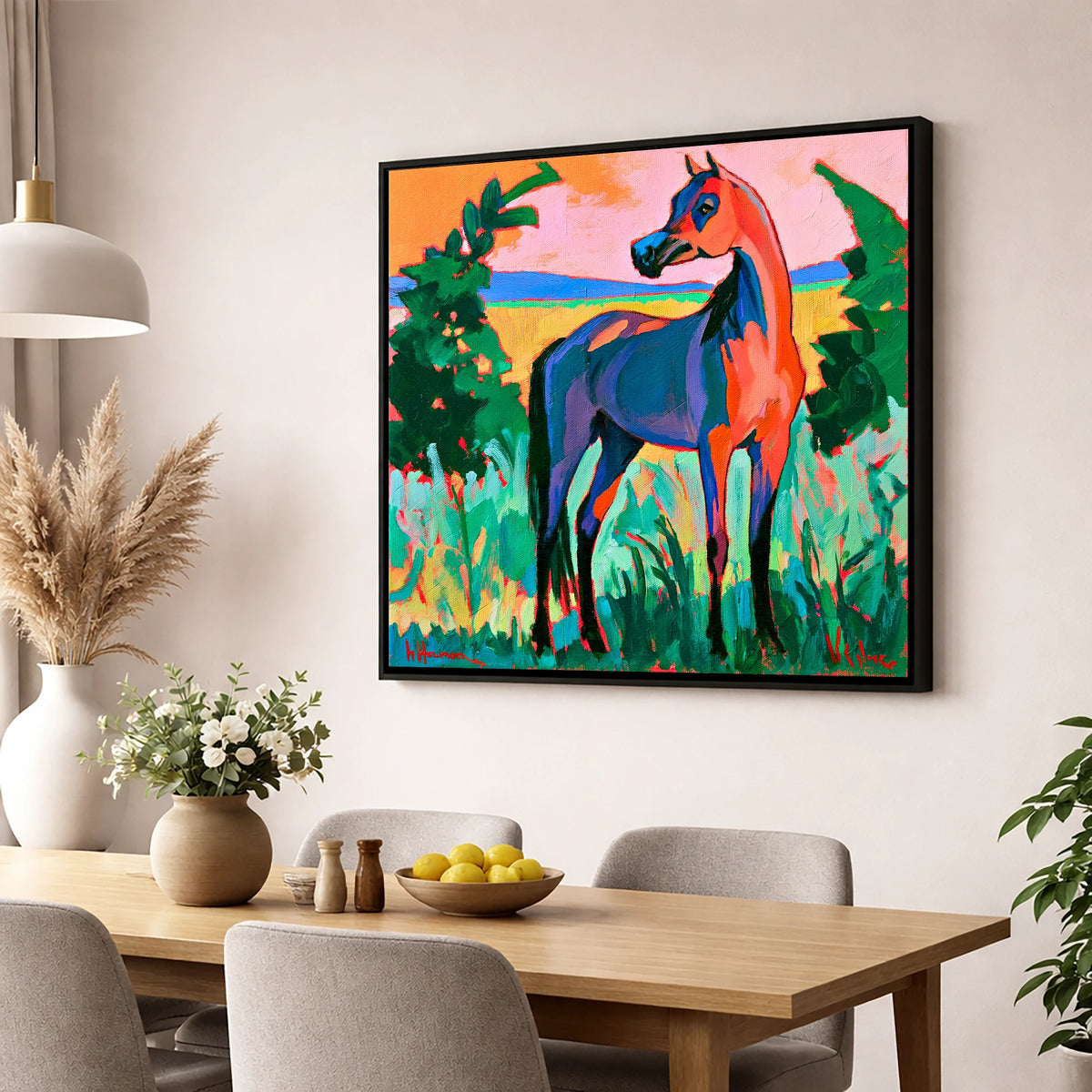 Vibrant Expressionist Arabian Horse horse breed wall art displayed in a dining room