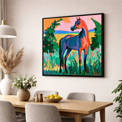 Vibrant Expressionist Arabian Horse horse breed wall art displayed in a dining room