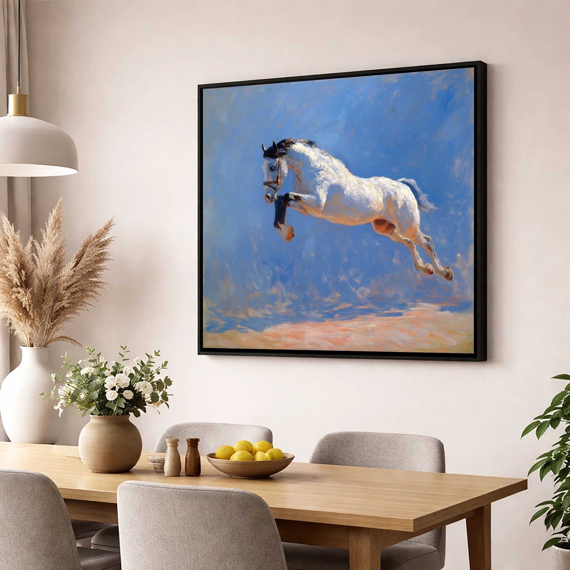 Luminous Leap show jumping horse wall art displayed in a dining room