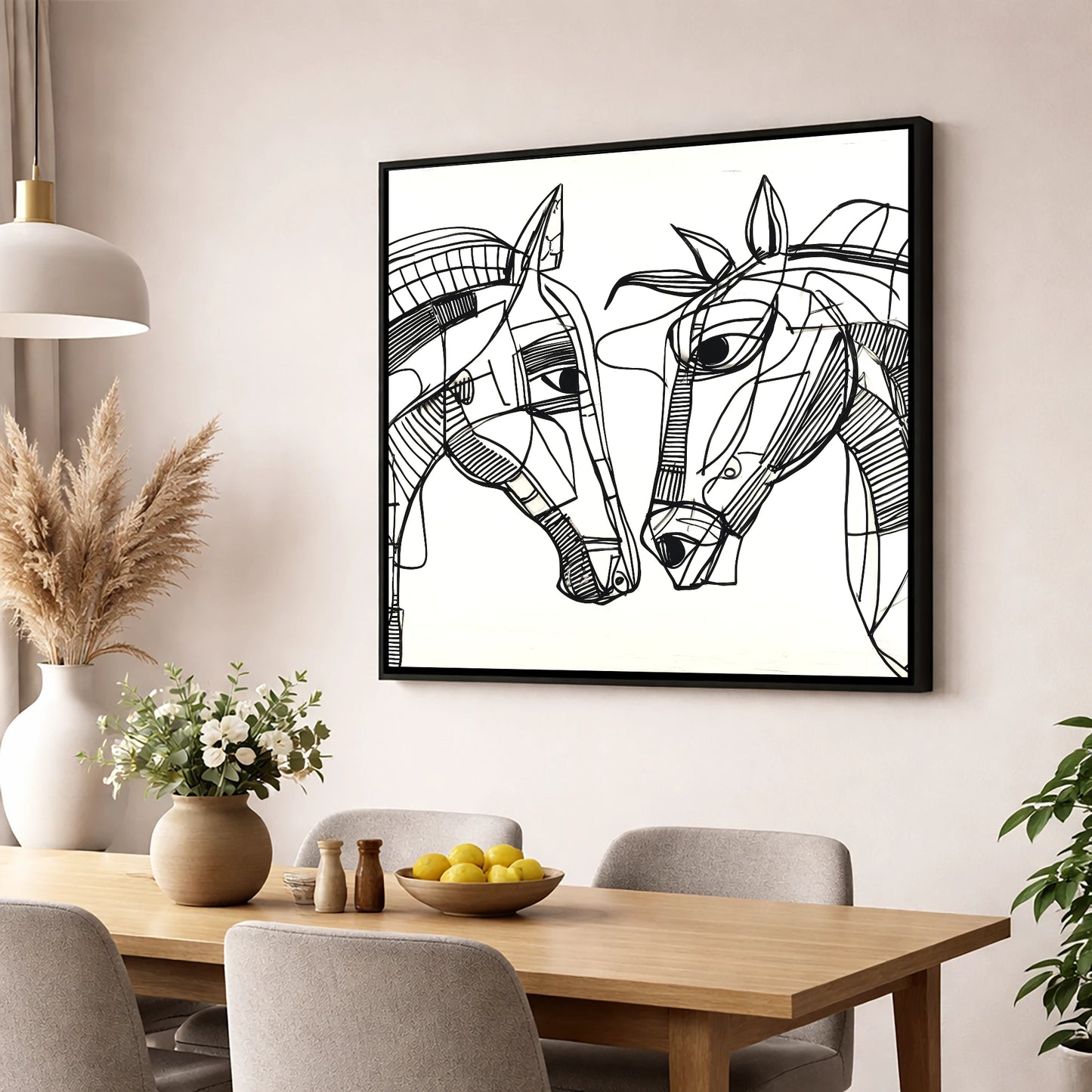 Linear Equine Connection horse portrait wall art displayed in a dining room