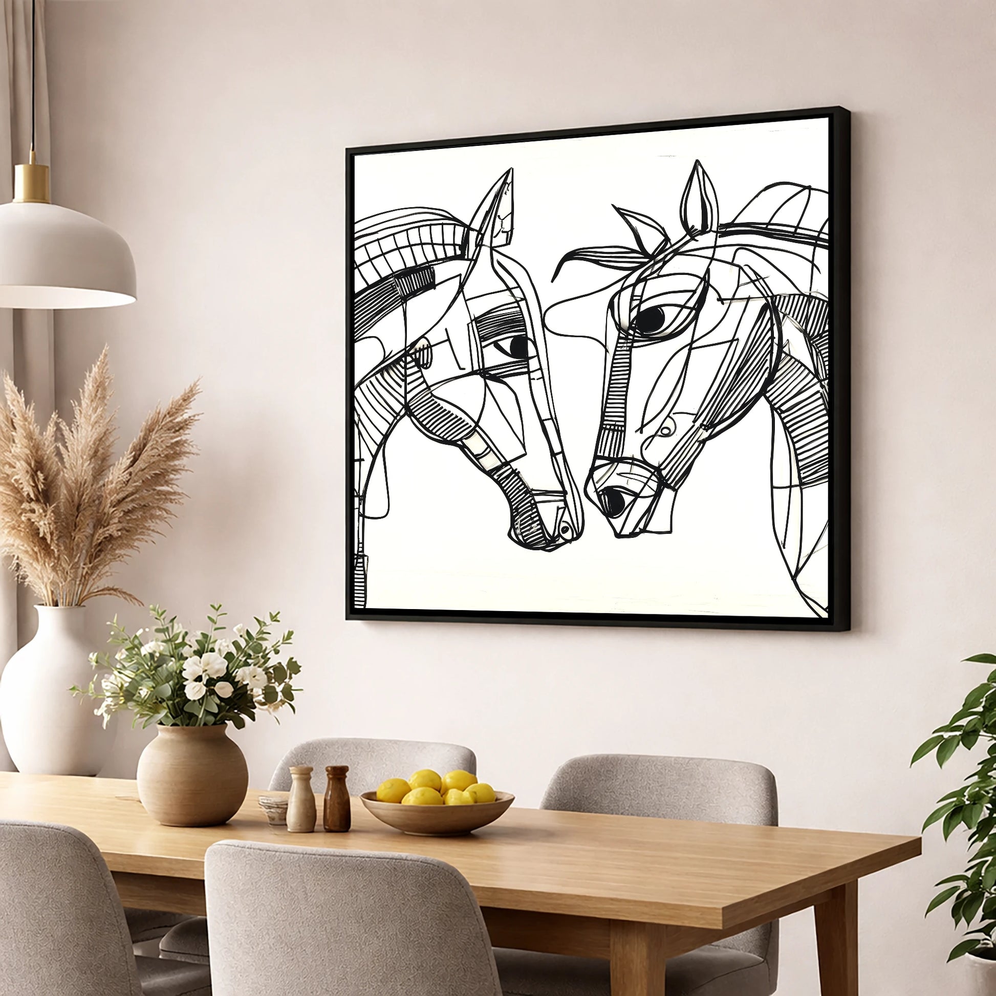 Linear Equine Connection horse portrait wall art displayed in a dining room
