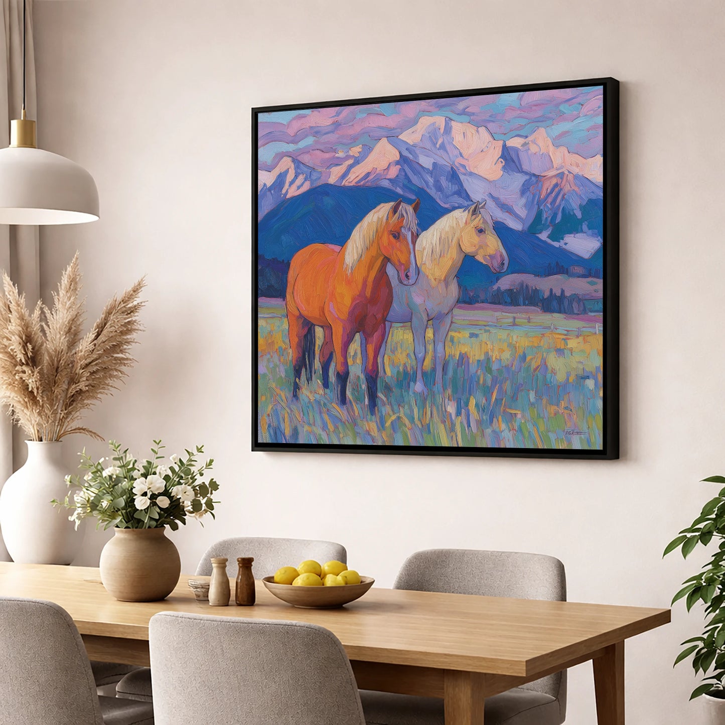 Painted Mountain Pasture horse landscape wall art displayed in a dining room