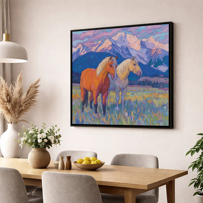 Painted Mountain Pasture horse landscape wall art displayed in a dining room