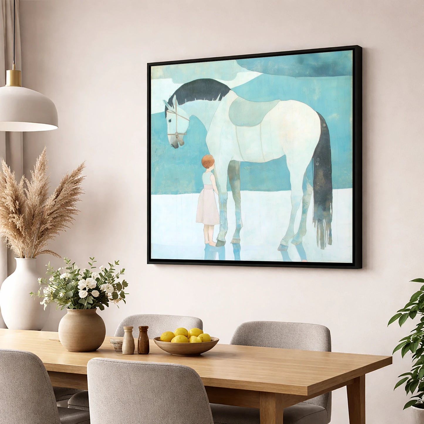 Quiet Trust horse & rider wall art displayed in a dining room