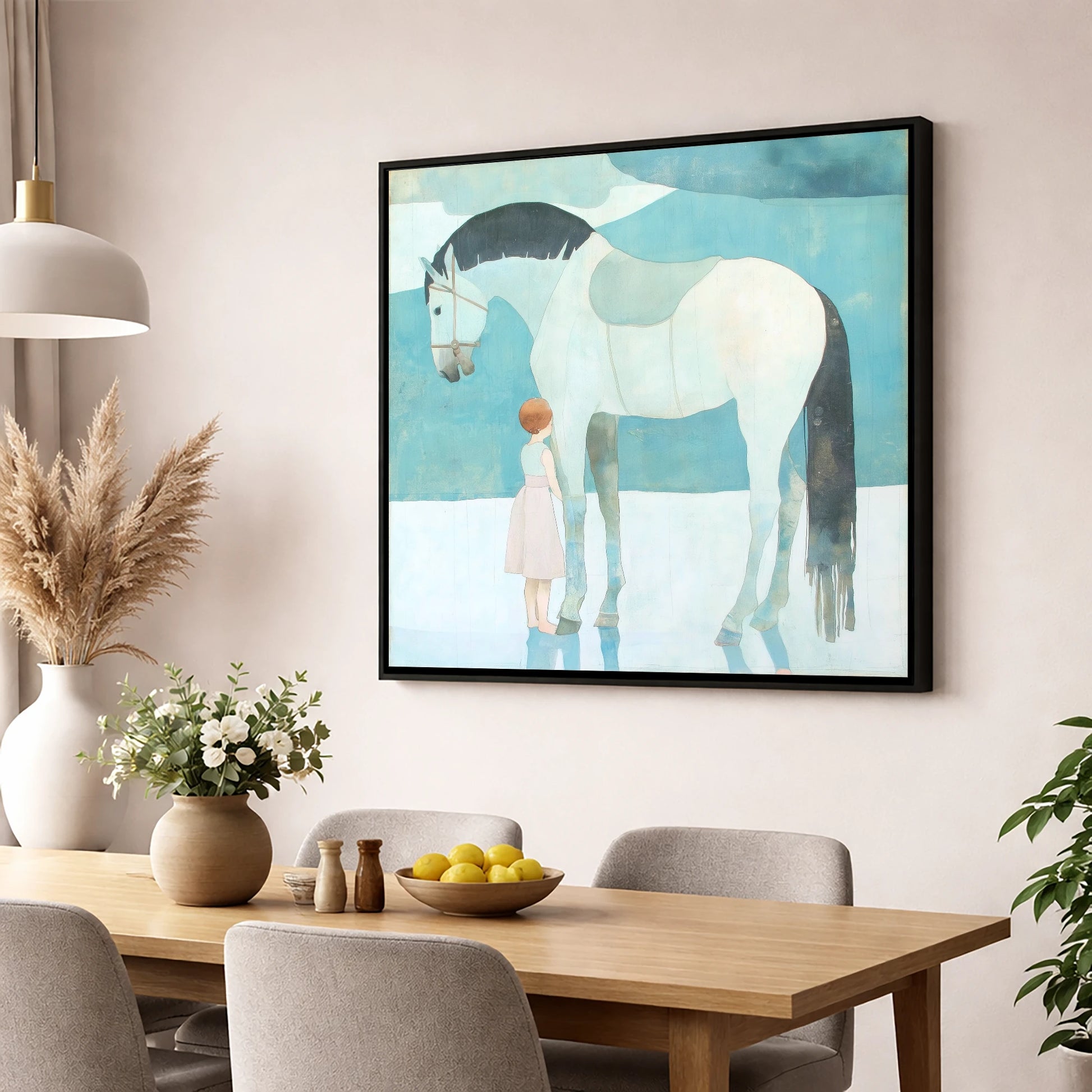 Quiet Trust horse & rider wall art displayed in a dining room