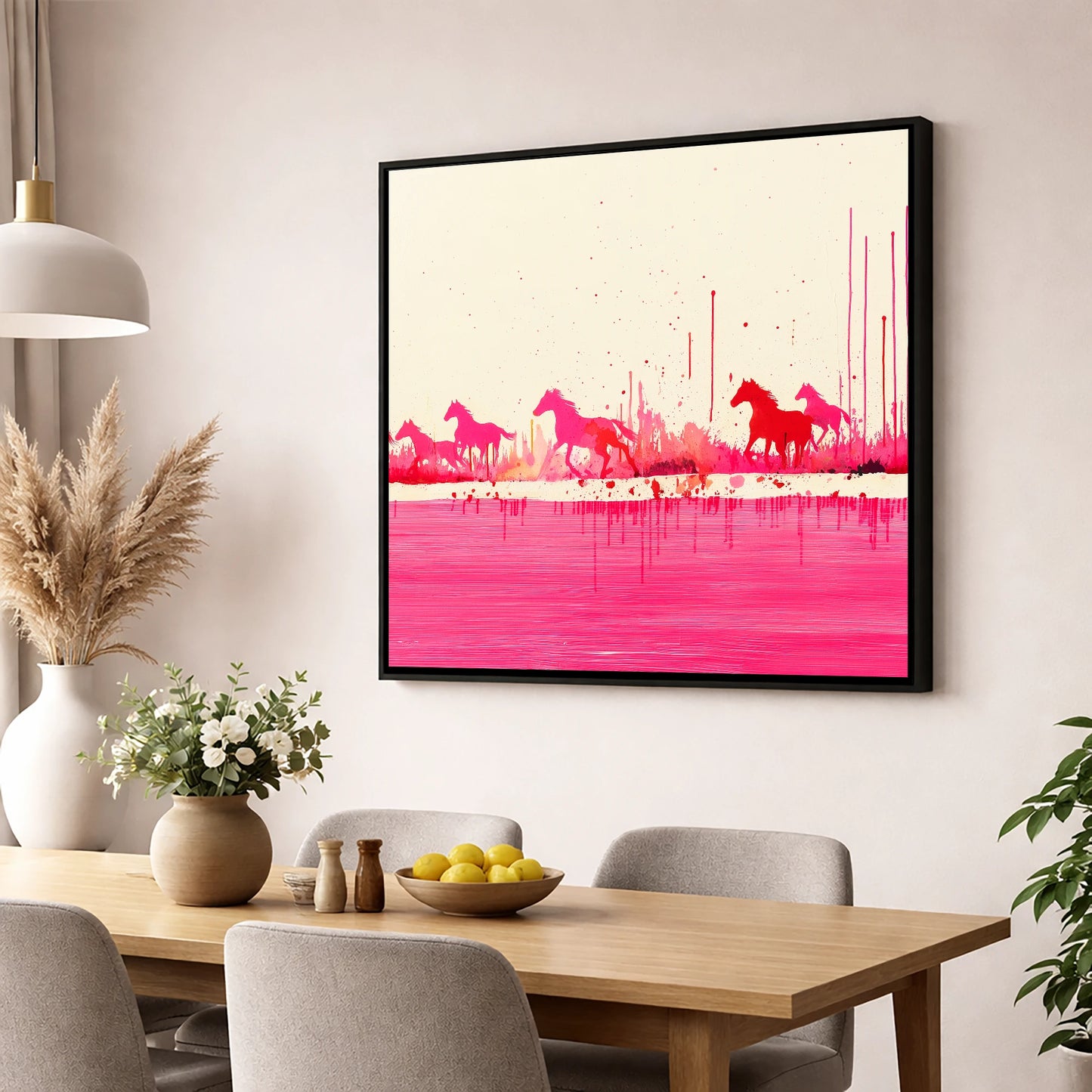 Crimson Gallop wild horses wall art displayed in a dining room