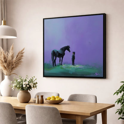 Shared Silence horse & rider wall art displayed in a dining room