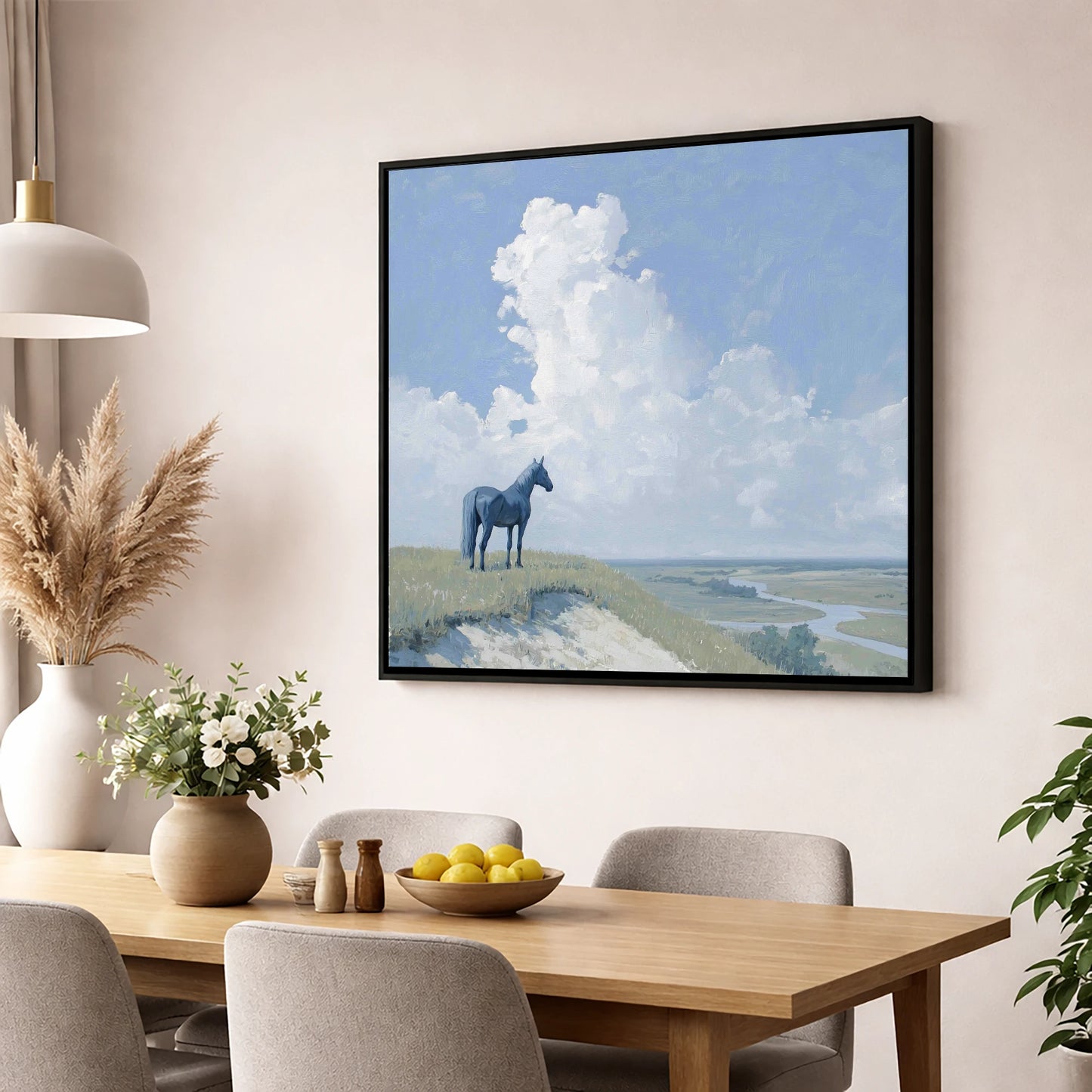 The Quiet Vantage horse landscape wall art displayed in a dining room